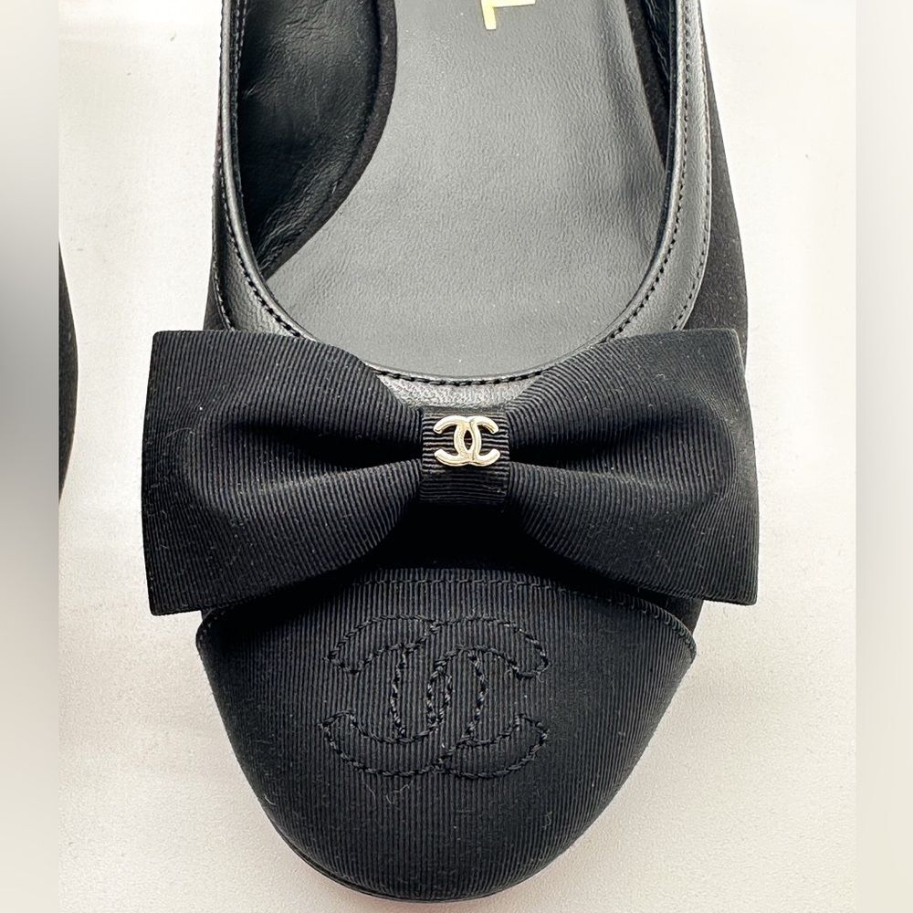 Chanel 2024 CC Logo Black Bow Grosgrain Slingback Ballerina Flats EU 37 - Picture 15 of 15